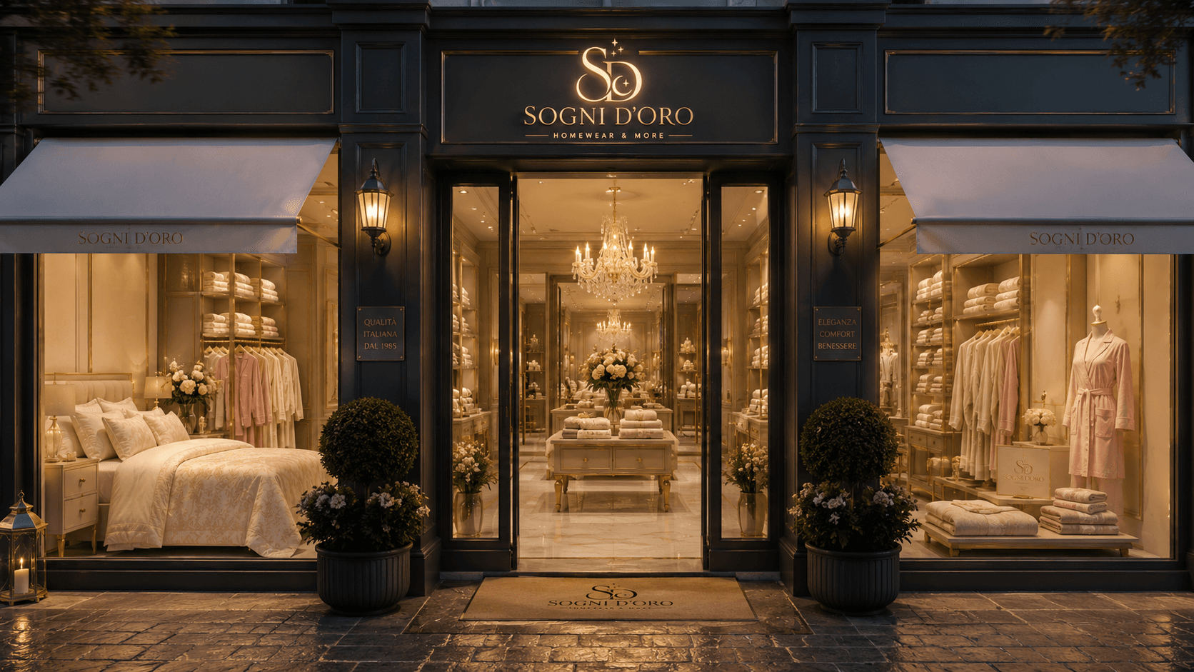 La vetrina della boutique Sogni d'Oro al crepuscolo