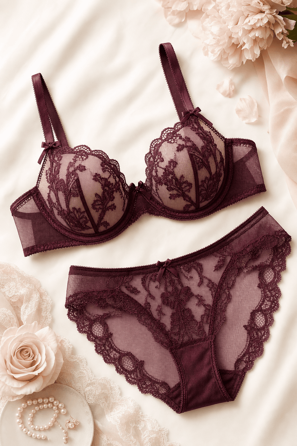 Completo lingerie in pizzo color prugna, vista frontale