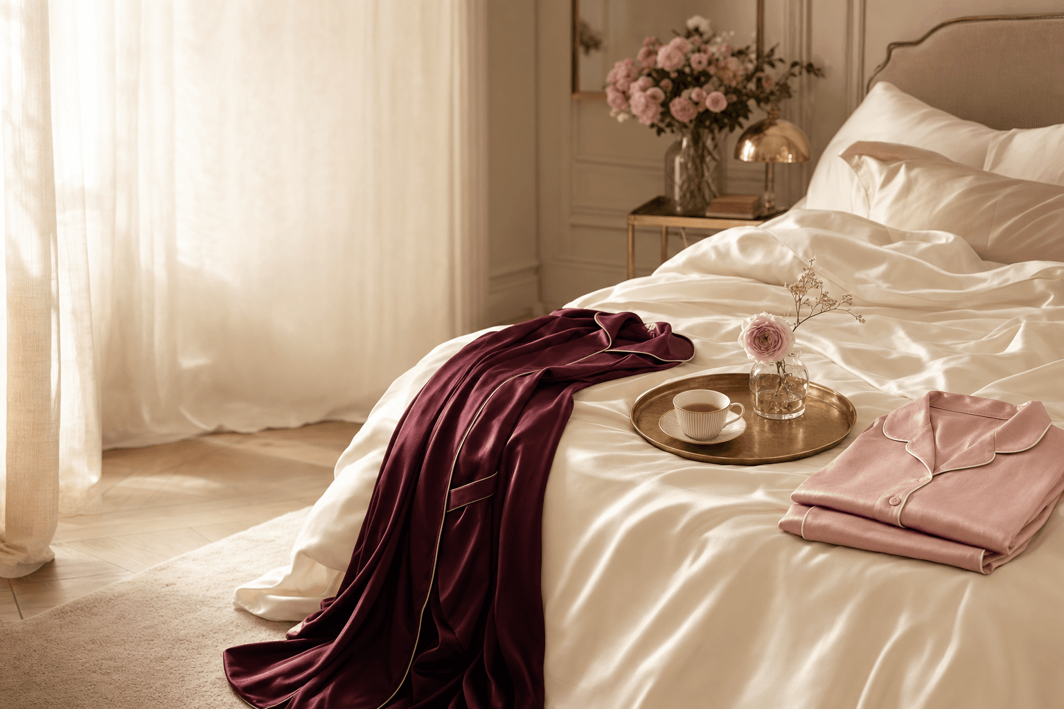 Camera da letto elegante all'alba con una vestaglia in seta e lenzuola di seta