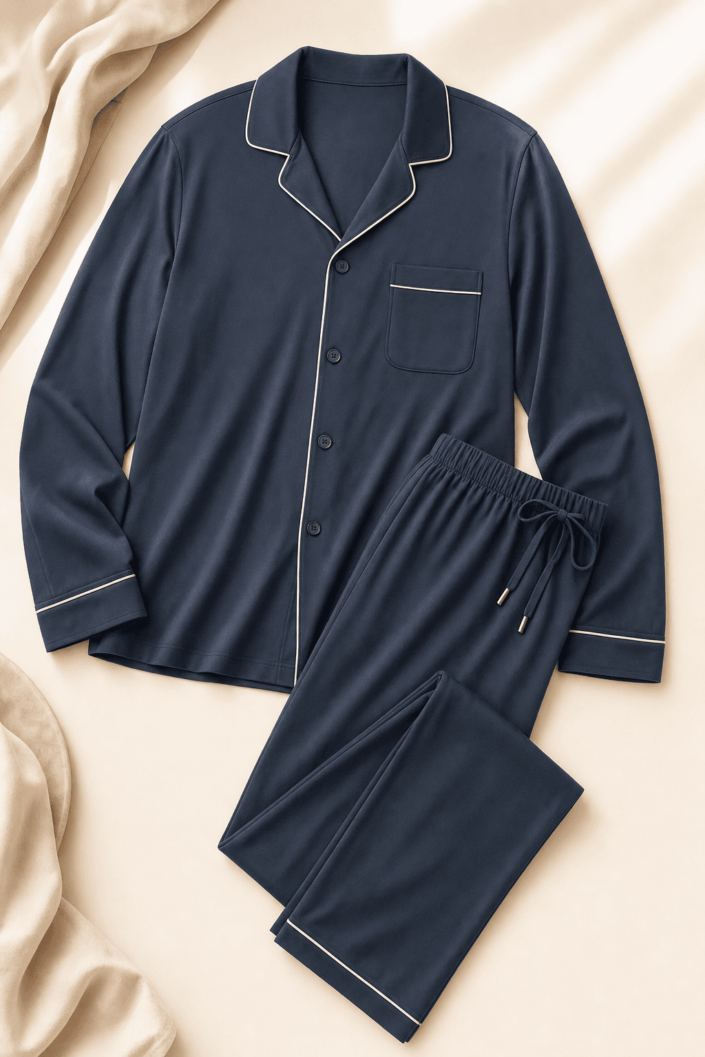Pigiama da uomo in cotone color blu notte, vista intera
