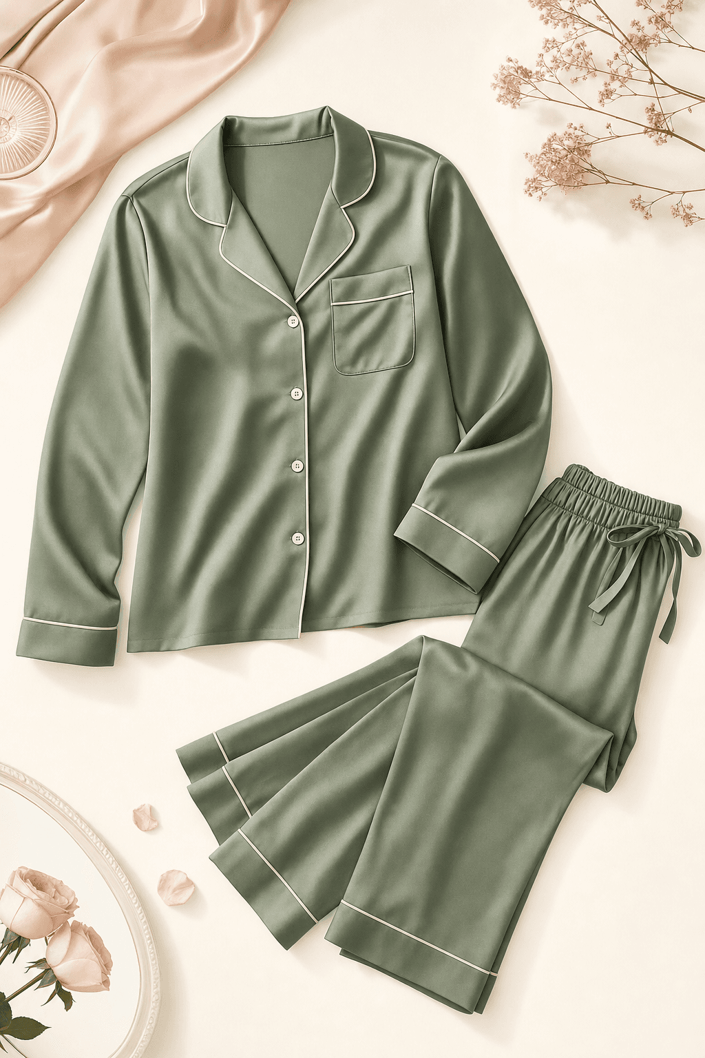 Pigiama in raso color salvia con camicia e pantalone, vista intera