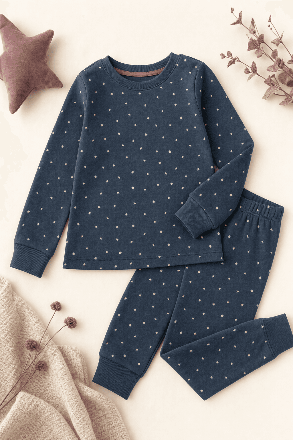 Pigiama per bambino in cotone blu notte con stampa di stelle, vista intera
