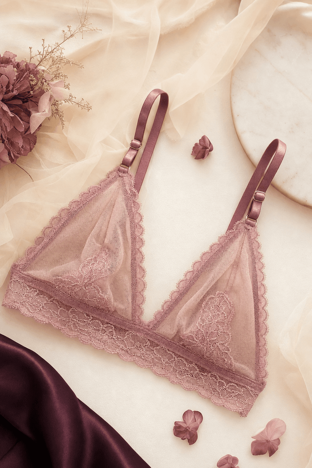 Blush tulle triangle bra, front view