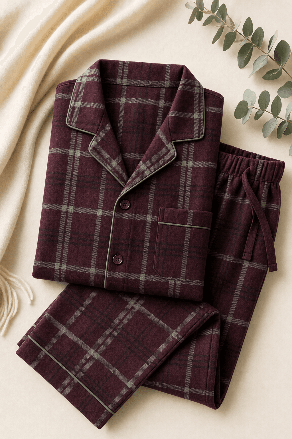 Set pigiama da uomo in flanella a quadri bordeaux, vista intera