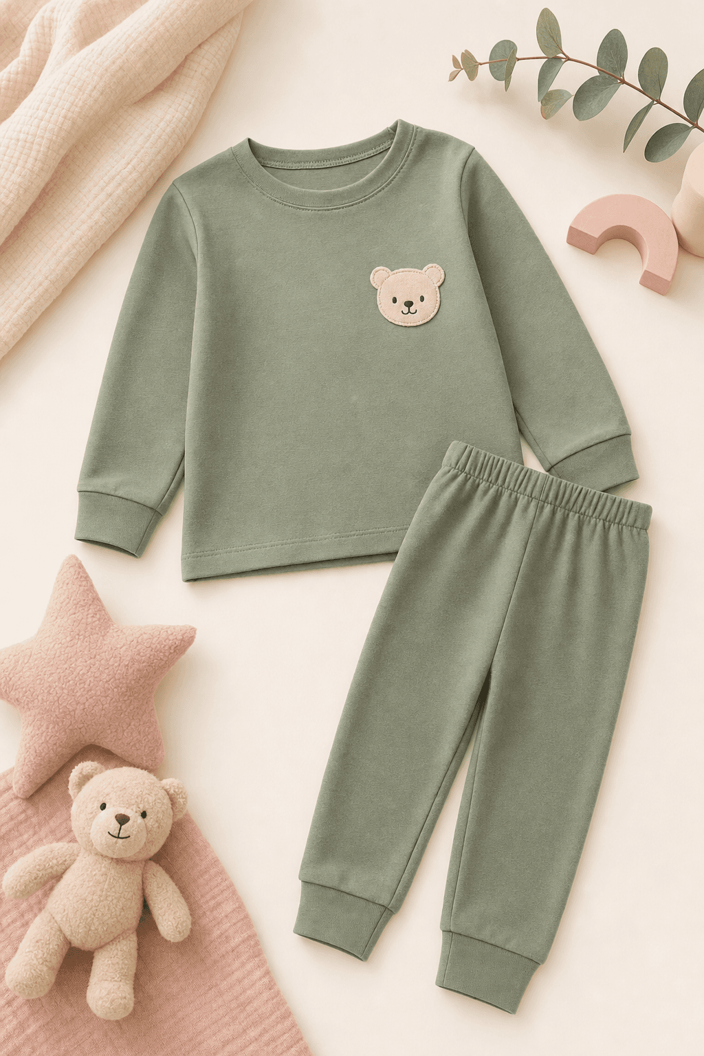 Kids’ sage jersey pyjama set with bear, full view