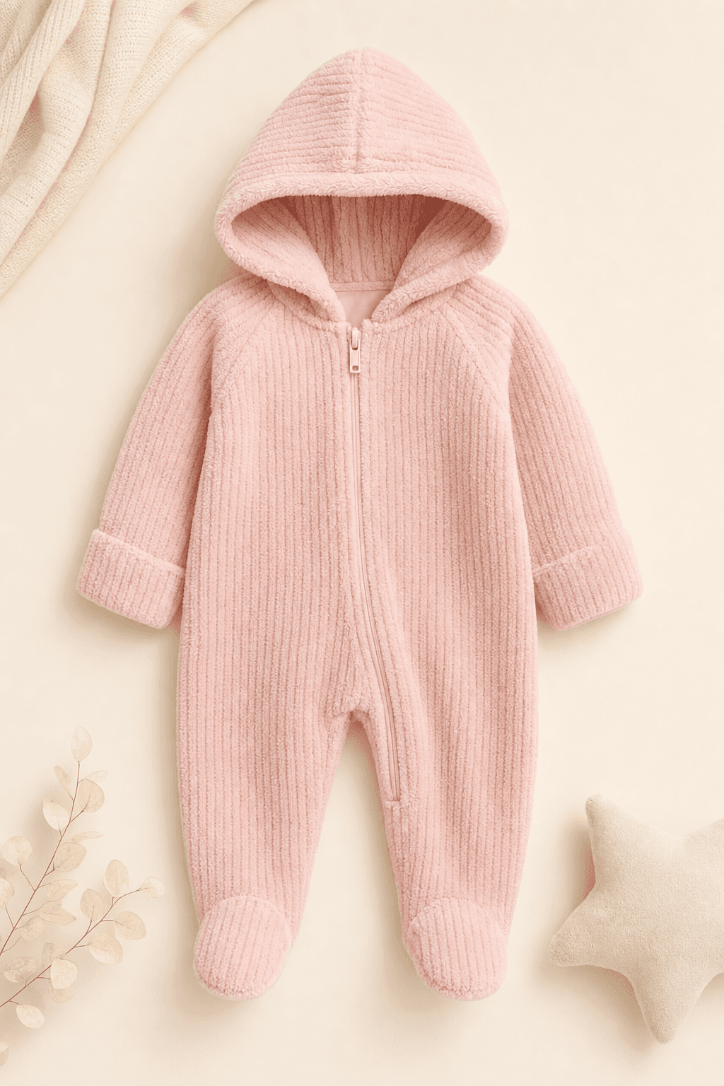Tutina intera per bambino in ciniglia color cipria con cappuccio, vista intera