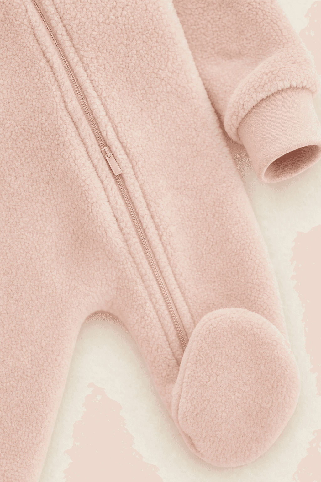 Close-up of the front zip and the feet of the onesie