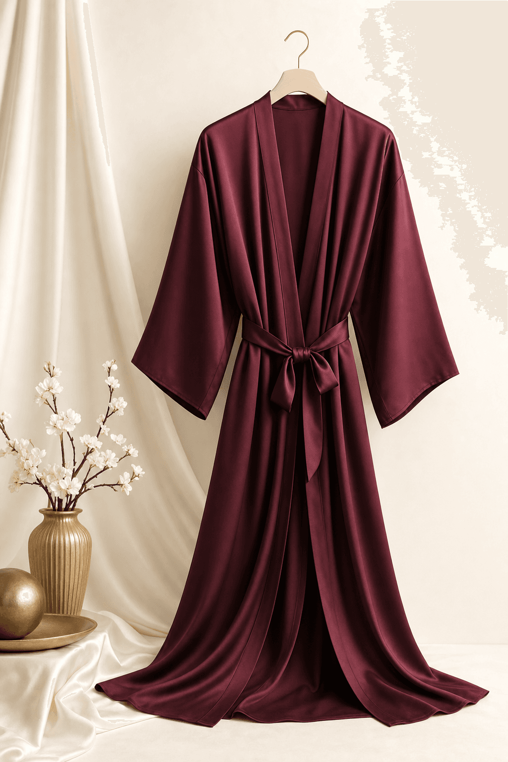 Vestaglia kimono in seta color prugna, vista intera