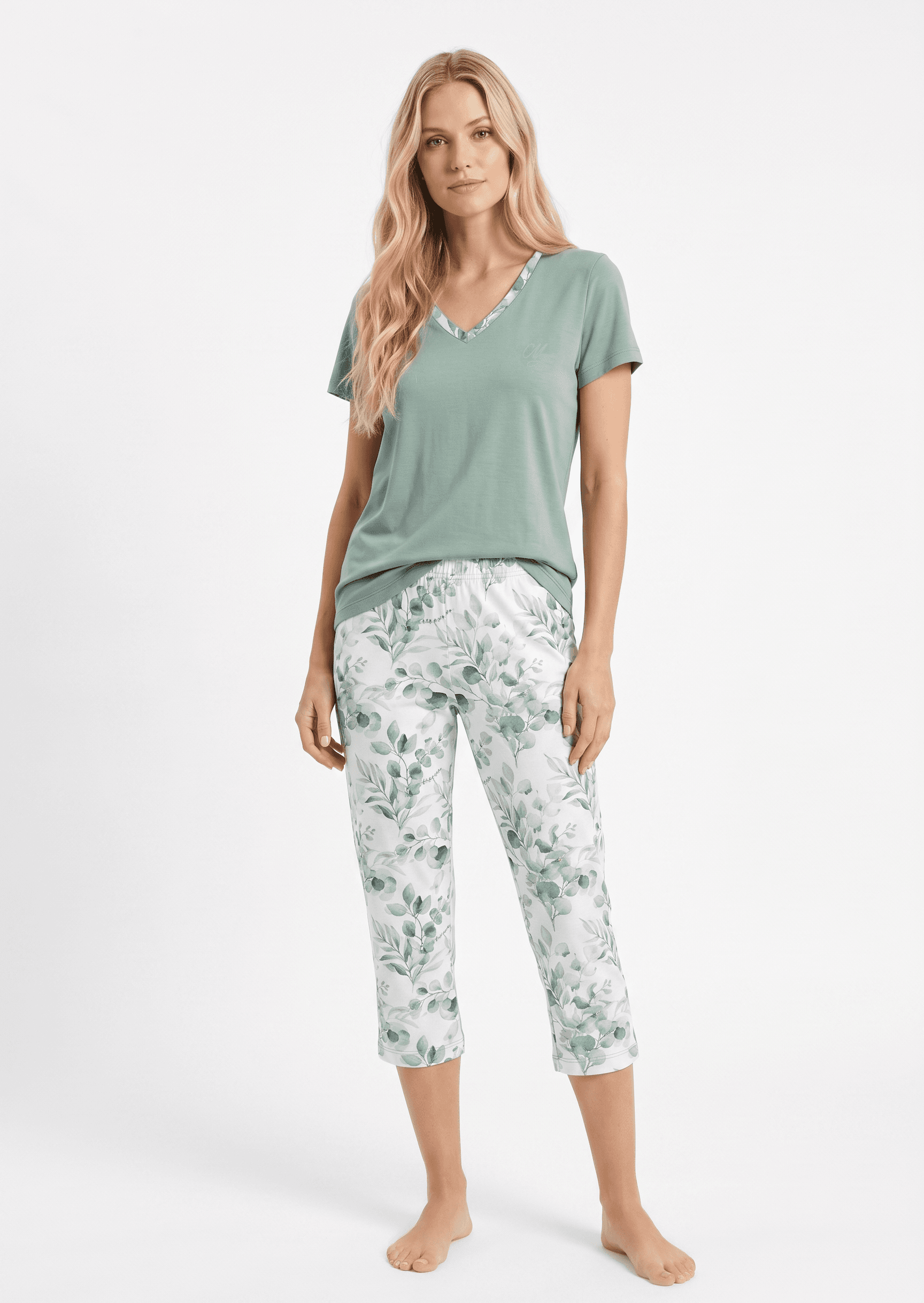 Pigiama donna manica corta capri KAMIRA — Salvia