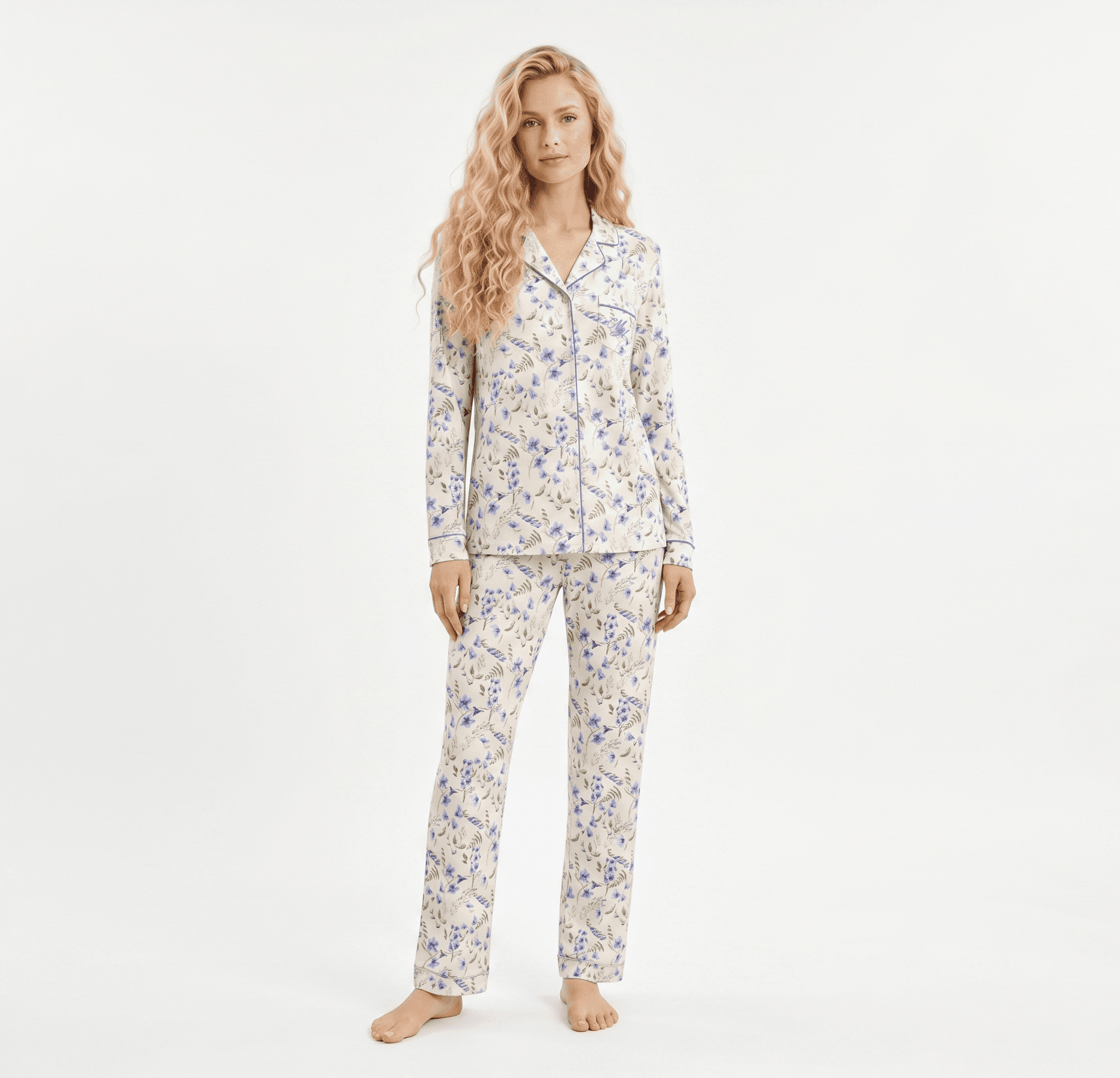 Pigiama donna manica lunga aperto JEANNE — Lavanda