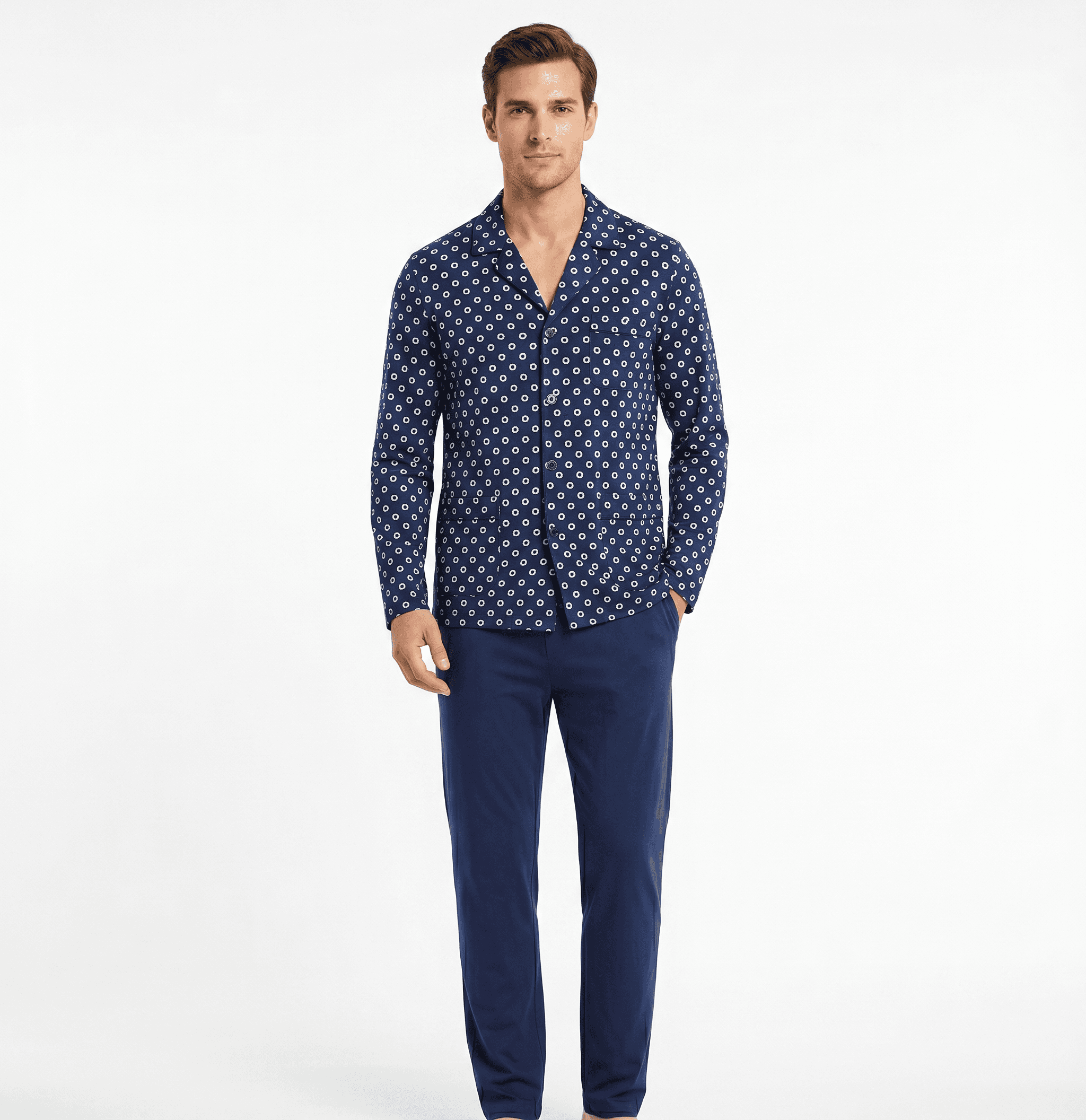 Pigiama uomo manica lunga aperto EDWARD — Blu Navy